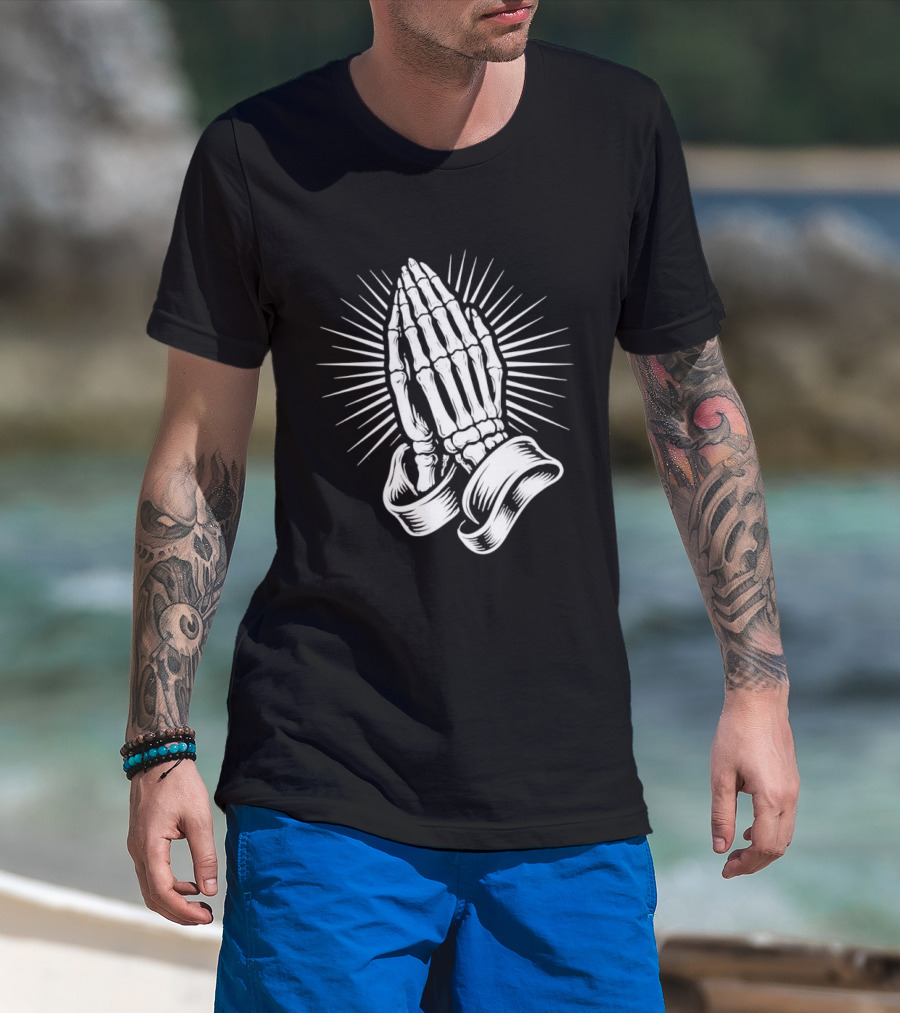 Skeleton Praying Hands Christian Symbol With Radiant Light T-Shirt
