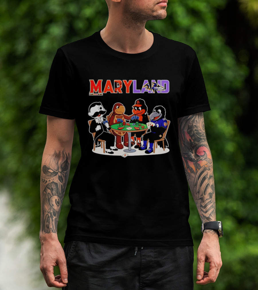 Maryland Mascots Playing Poker With Natty Boh, Orioles, Ravens, And Terrapins T-Shirt