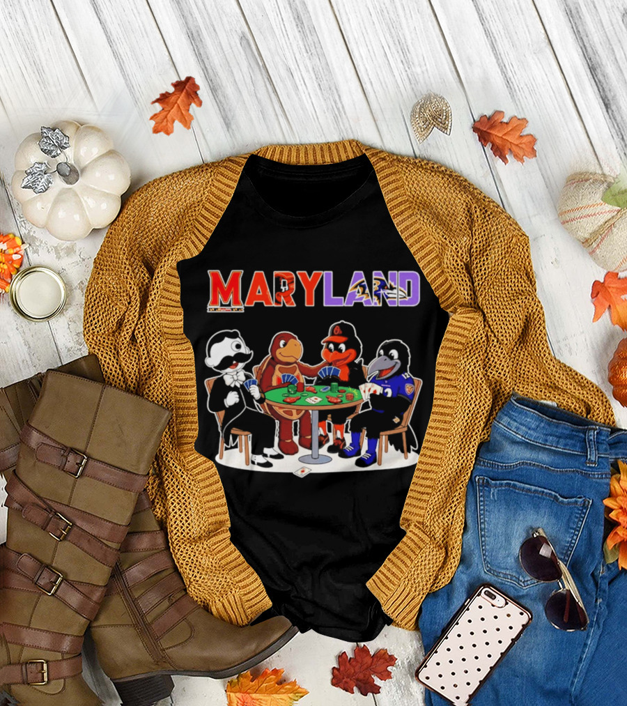 Maryland Mascots Playing Poker with Natty Boh, Orioles, Ravens, and Terrapins T-Shirt