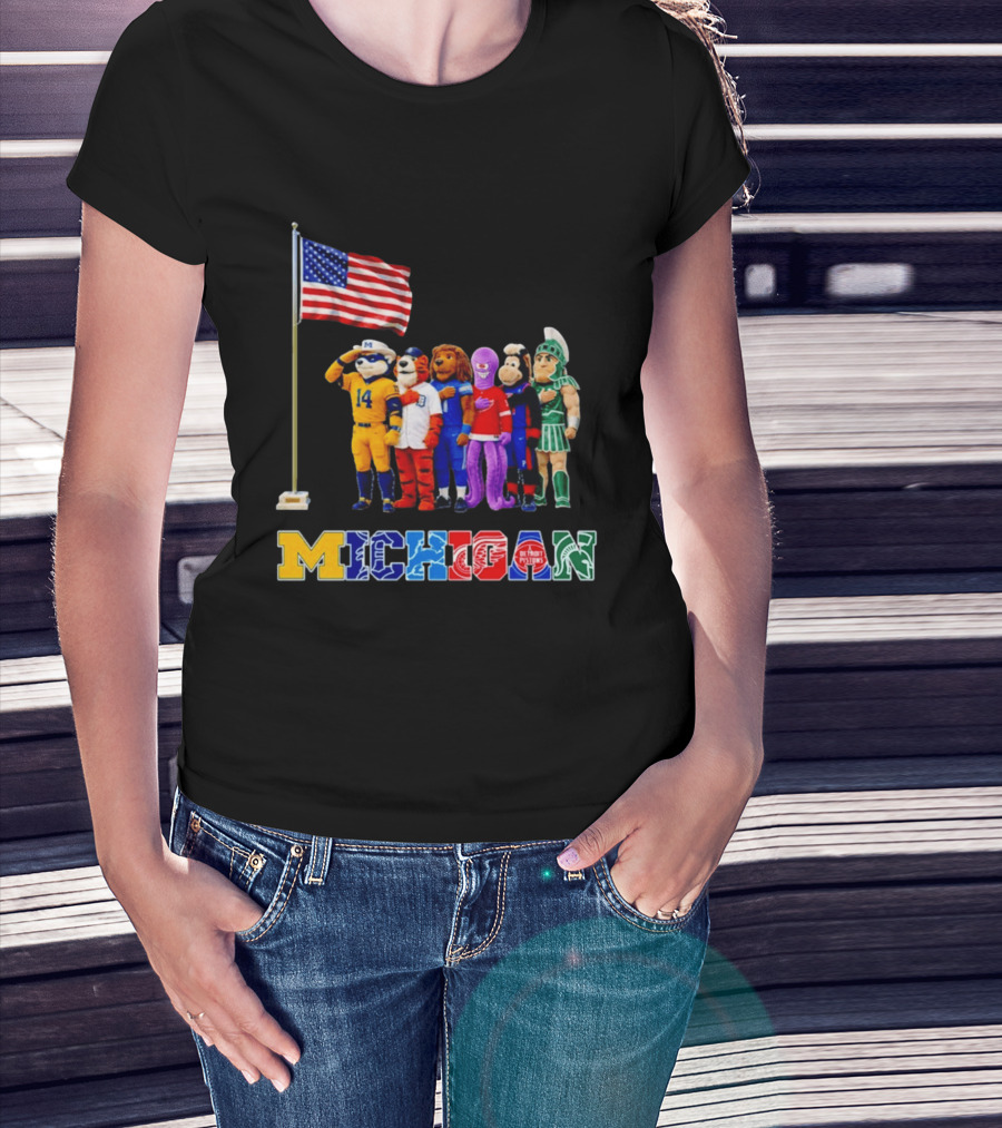 Patriotism In Michigan Sports Mascots Saluting American Flag T-Shirt