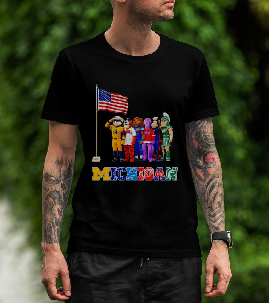 Patriotism In Michigan Sports Mascots Saluting American Flag T-Shirt