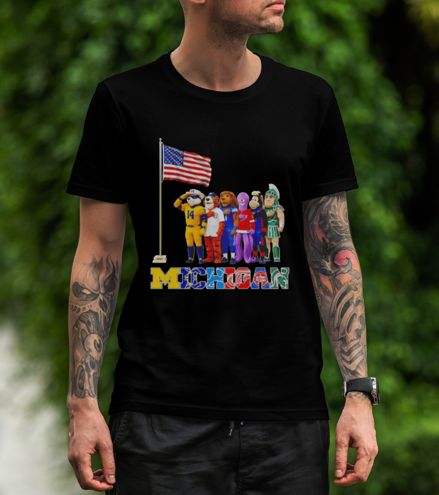 Michigan Wolverine Tigers Lions Red Wings Pistons Spartans Salute American Flag T-Shirt