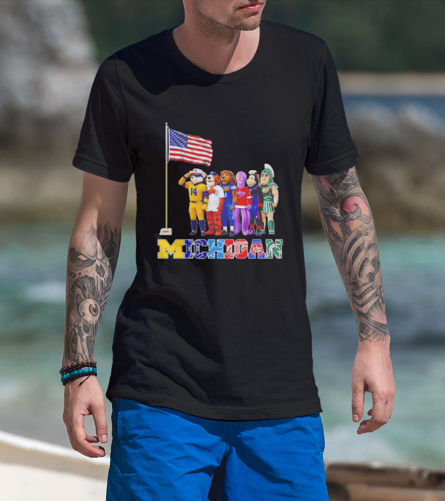 Michigan Wolverine Tigers Lions Red Wings Pistons Spartans Salute American Flag T-Shirt