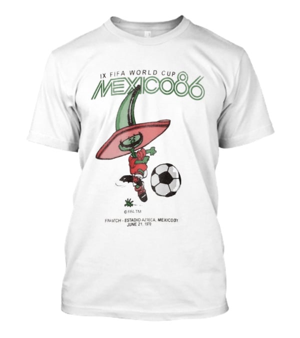 IX FIFA World Cup Mexico 86 Mascot Pique In Red Sombrero And Green Poncho With Soccer Ball T-Shirt