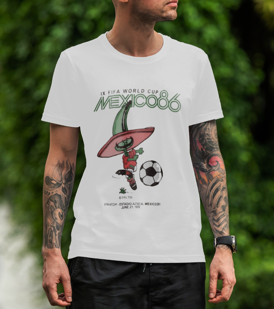 IX FIFA World Cup Mexico 86 Mascot Pique In Red Sombrero And Green Poncho With Soccer Ball T-Shirt