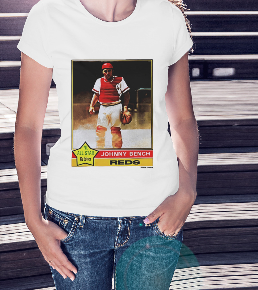 Johnny Bench Cincinnati Reds 1976 Topps NL All Star Catcher Retro Card T-Shirt