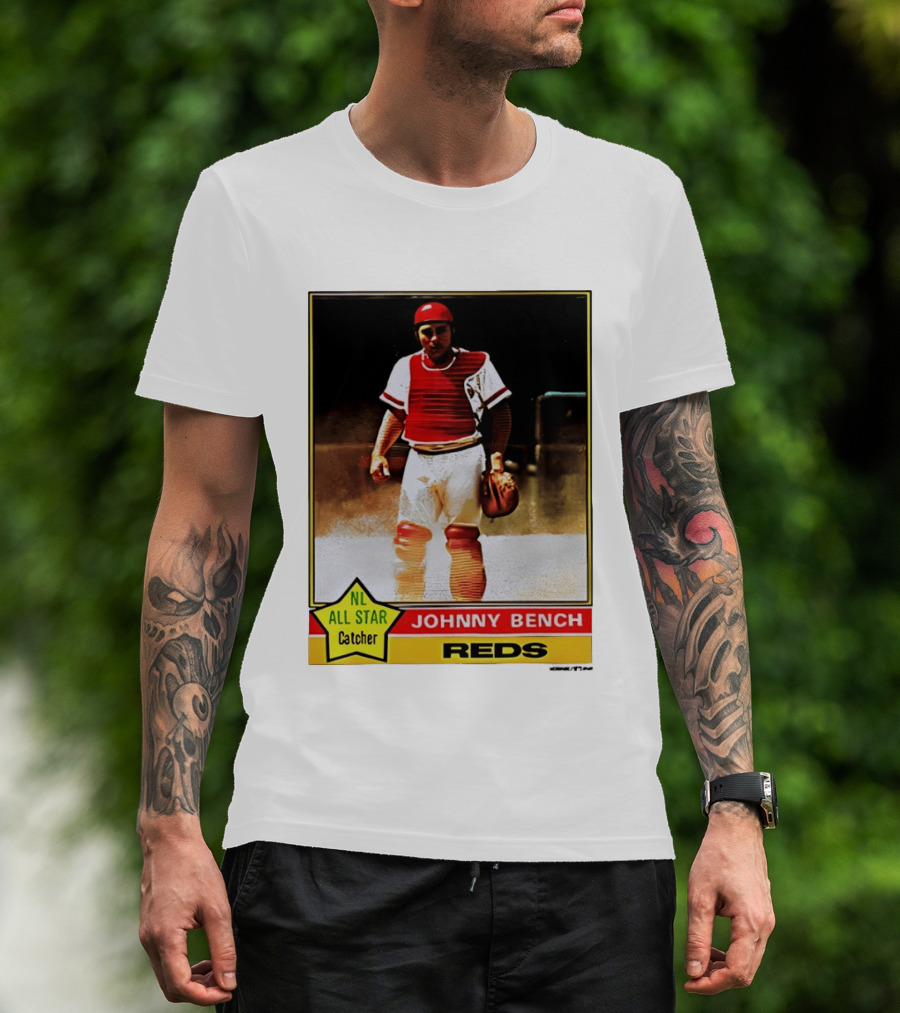 Johnny Bench Cincinnati Reds 1976 Topps NL All Star Catcher Retro Card T-Shirt