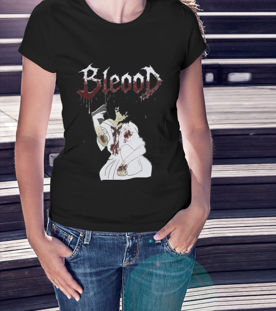 Blood Anime Style Dripping Text And Mysterious Figure T-Shirt