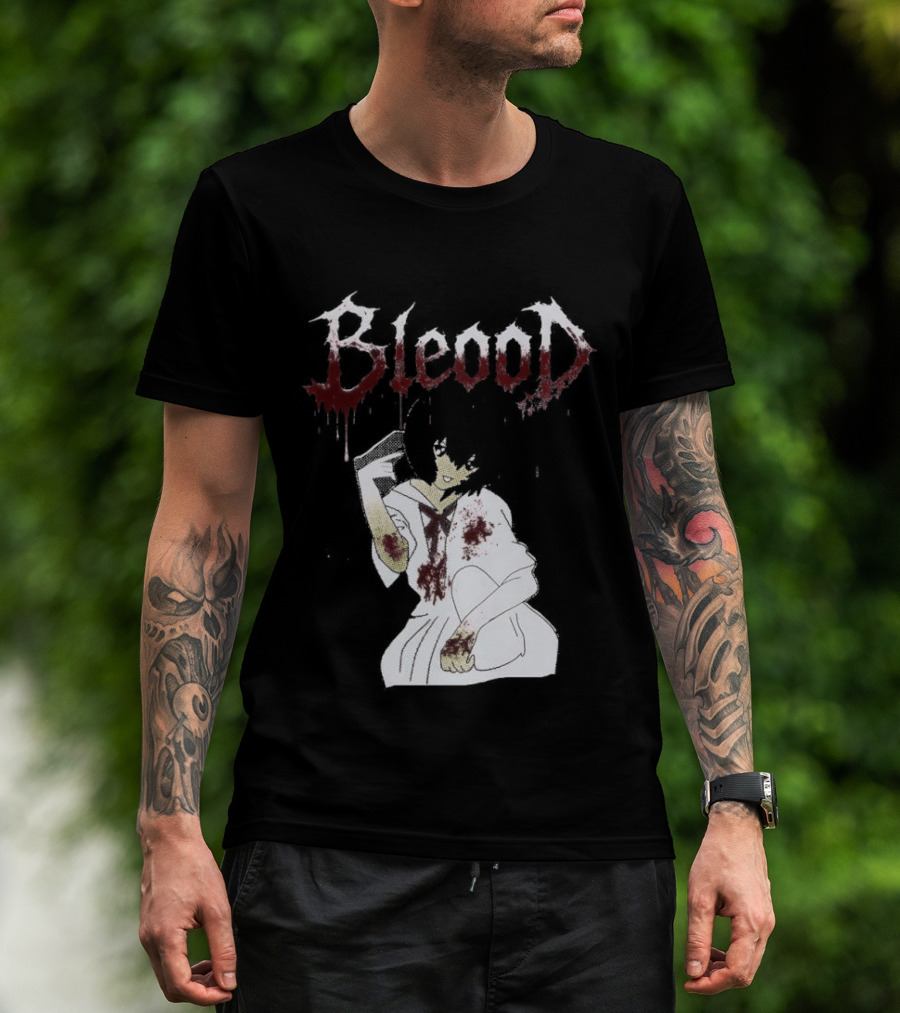 Blood Anime Style Dripping Text And Mysterious Figure T-Shirt