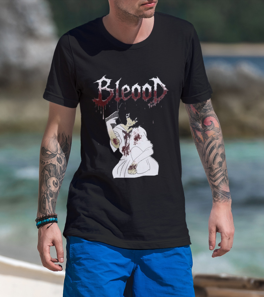 Blood Anime Style Dripping Text And Mysterious Figure T-Shirt