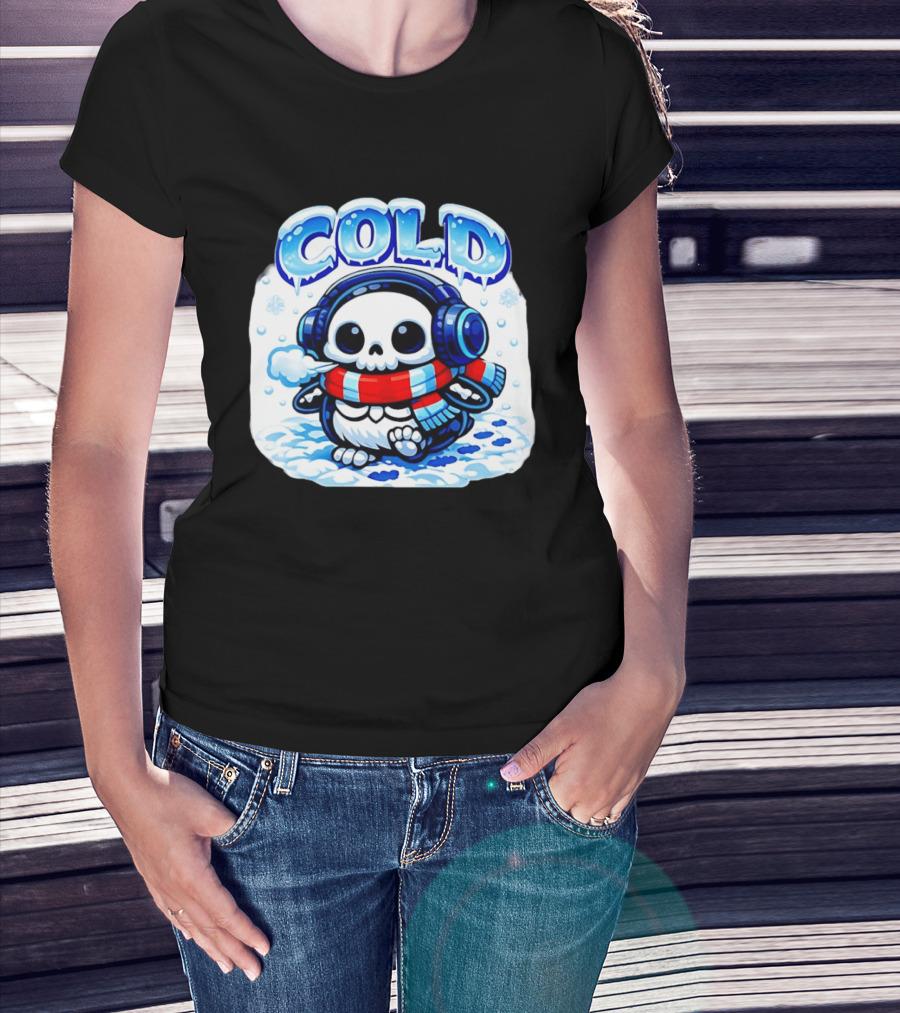 Cold Penguin Skeleton Winter Scarf Headphones Snowflakes T-Shirt