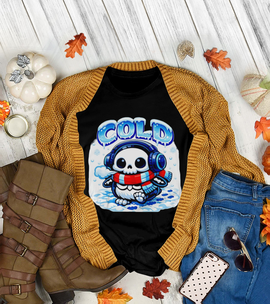 Cold Penguin Skeleton Winter Scarf Headphones Snowflakes T-Shirt