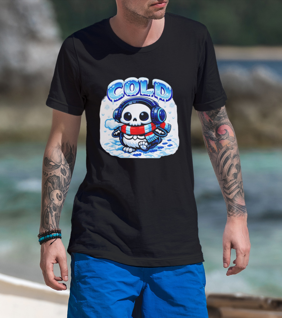 Cold Penguin Skeleton Winter Scarf Headphones Snowflakes T-Shirt