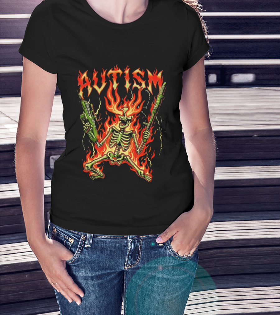 Skeleton Blazing Holding Two Rifle Guns Autism Flame T-Shirt