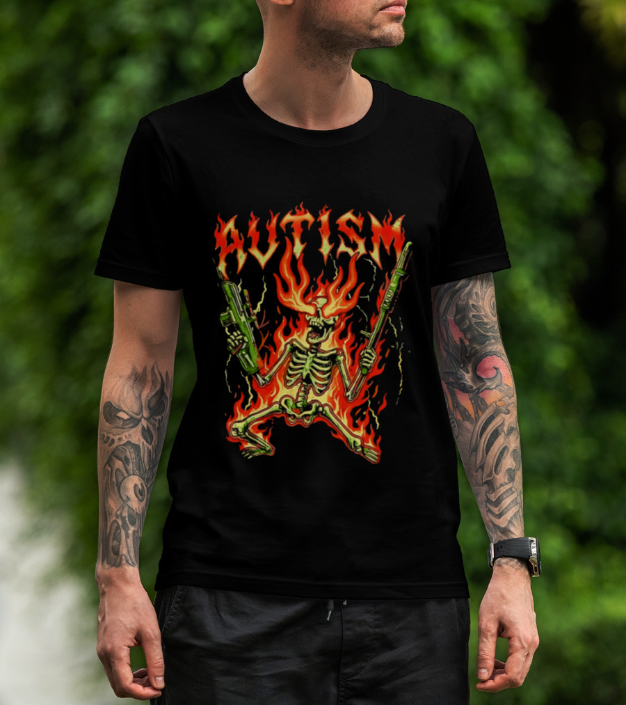 Skeleton Blazing Holding Two Rifle Guns Autism Flame T-Shirt
