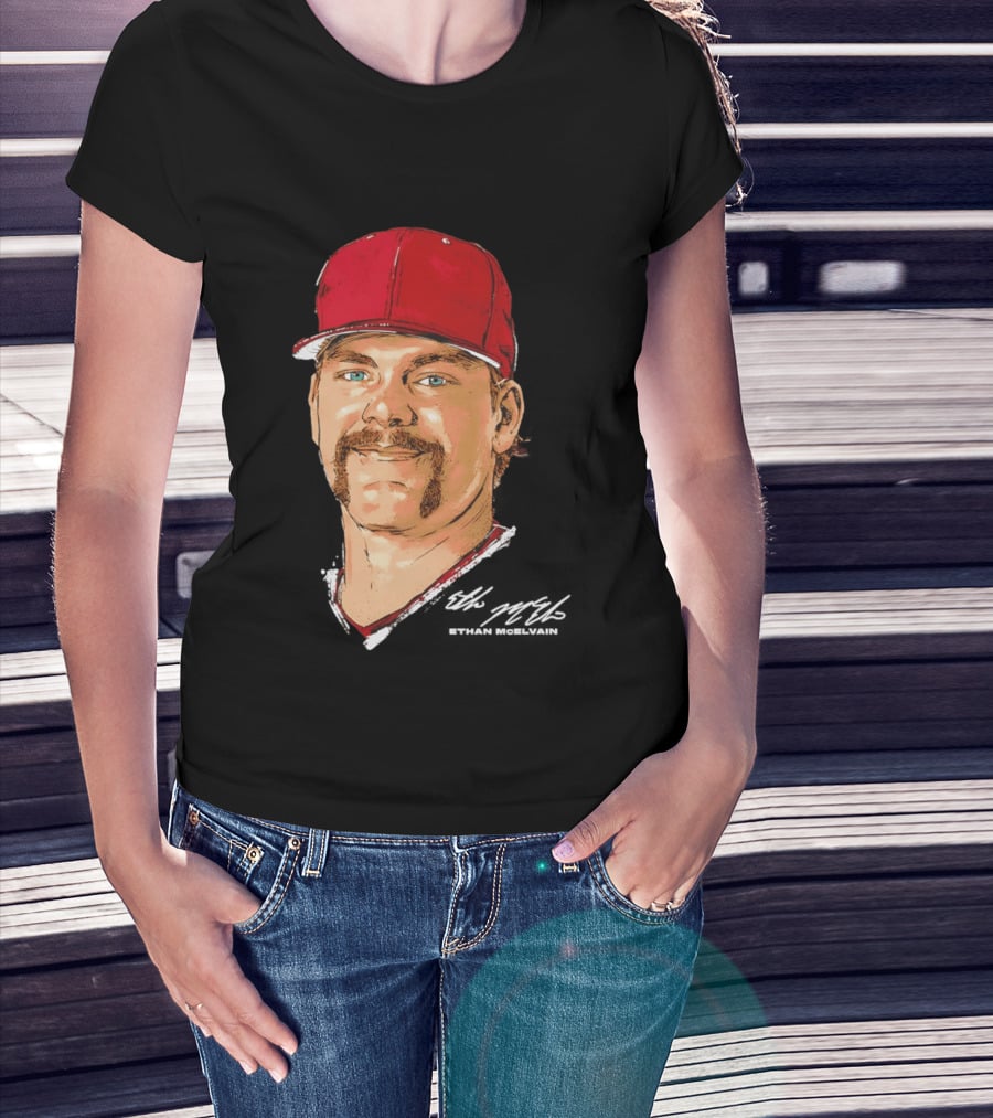Ethan McElvain Arkansas Razorbacks Baseball Player Portrait In Red Cap T-Shirt