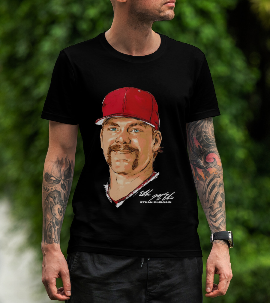 Ethan McElvain Arkansas Razorbacks Baseball Player Portrait In Red Cap T-Shirt