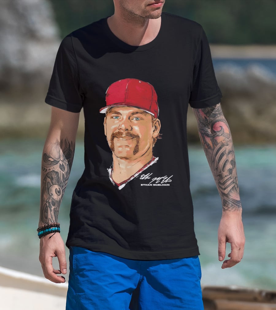 Ethan McElvain Arkansas Razorbacks Baseball Player Portrait In Red Cap T-Shirt