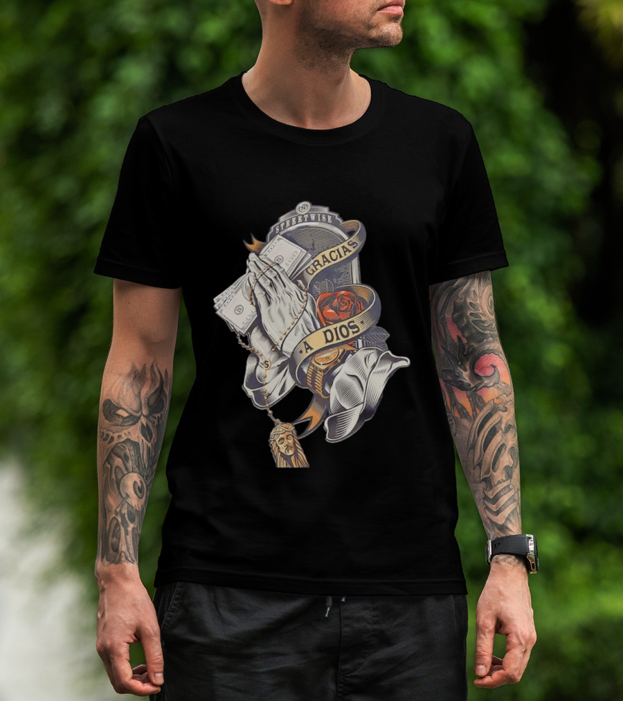 Streetwise Gracias A Dios Prayer Hands Rose Rosary T-Shirt