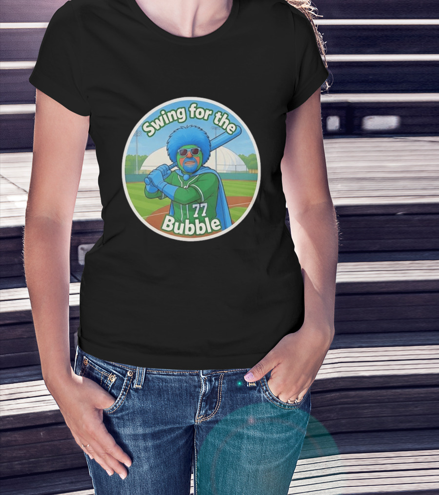 Swing For The Bubble 77 Baseball Cartoon Player Stadium T-Shirt
