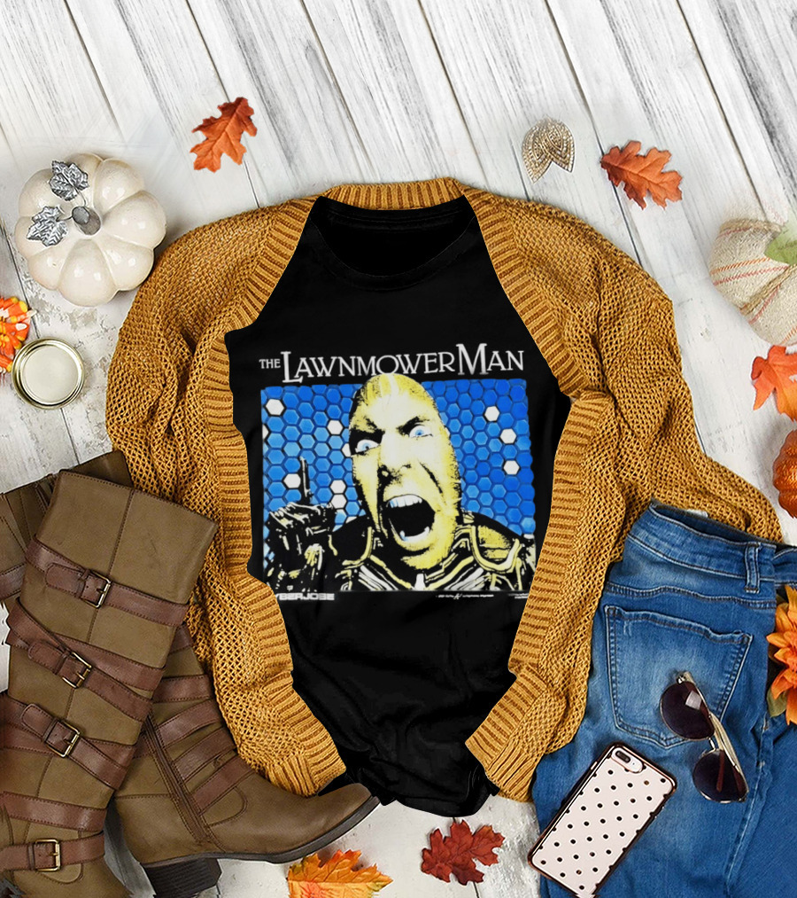 The Lawnmower Man Futuristic Cybernetic Face Against Blue Hexagon T-Shirt
