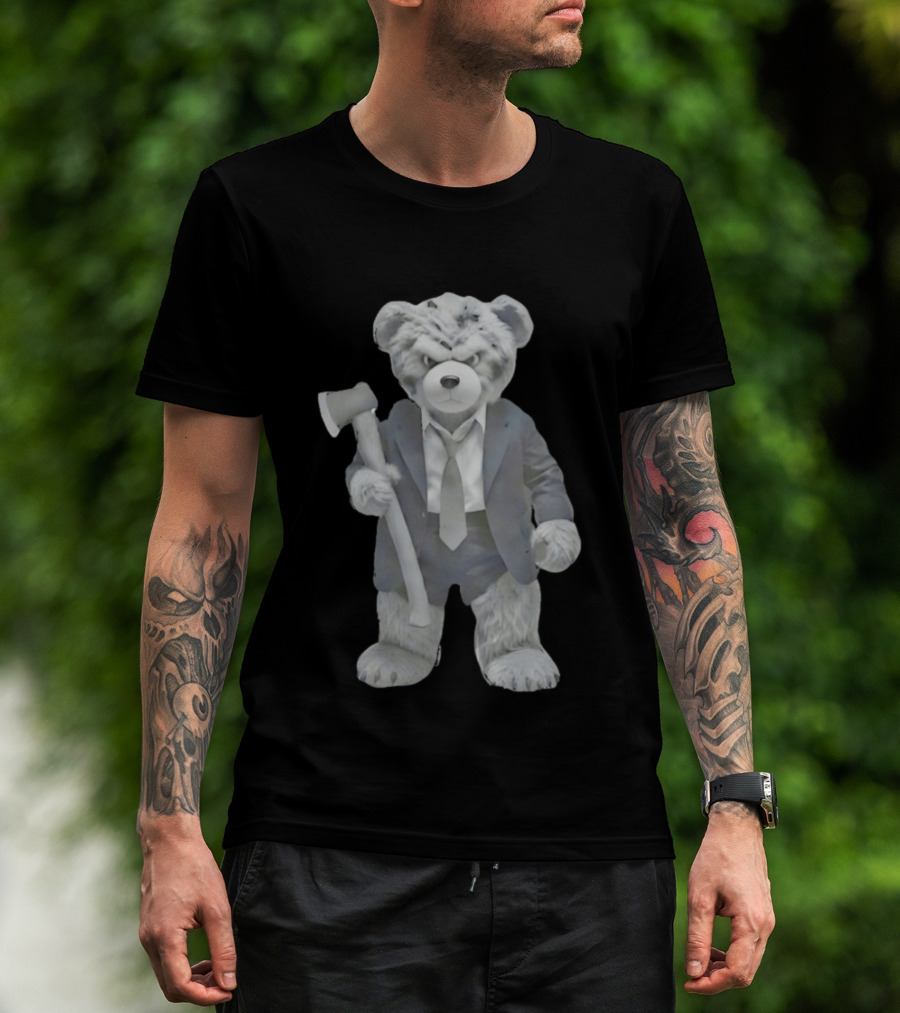 Grumpy Teddy Bear In Suit Holding Axe Horror T-Shirt