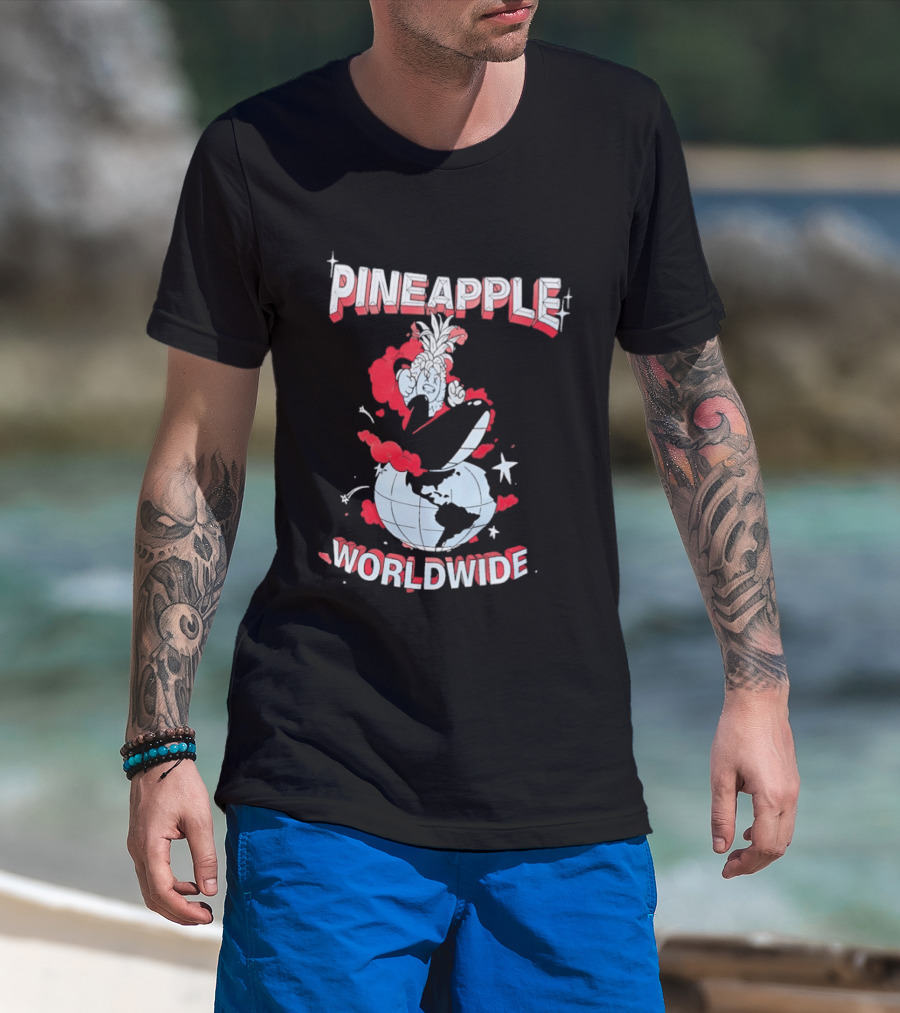 Pineapple Worldwide Cartoon Exploding Globe T-Shirt