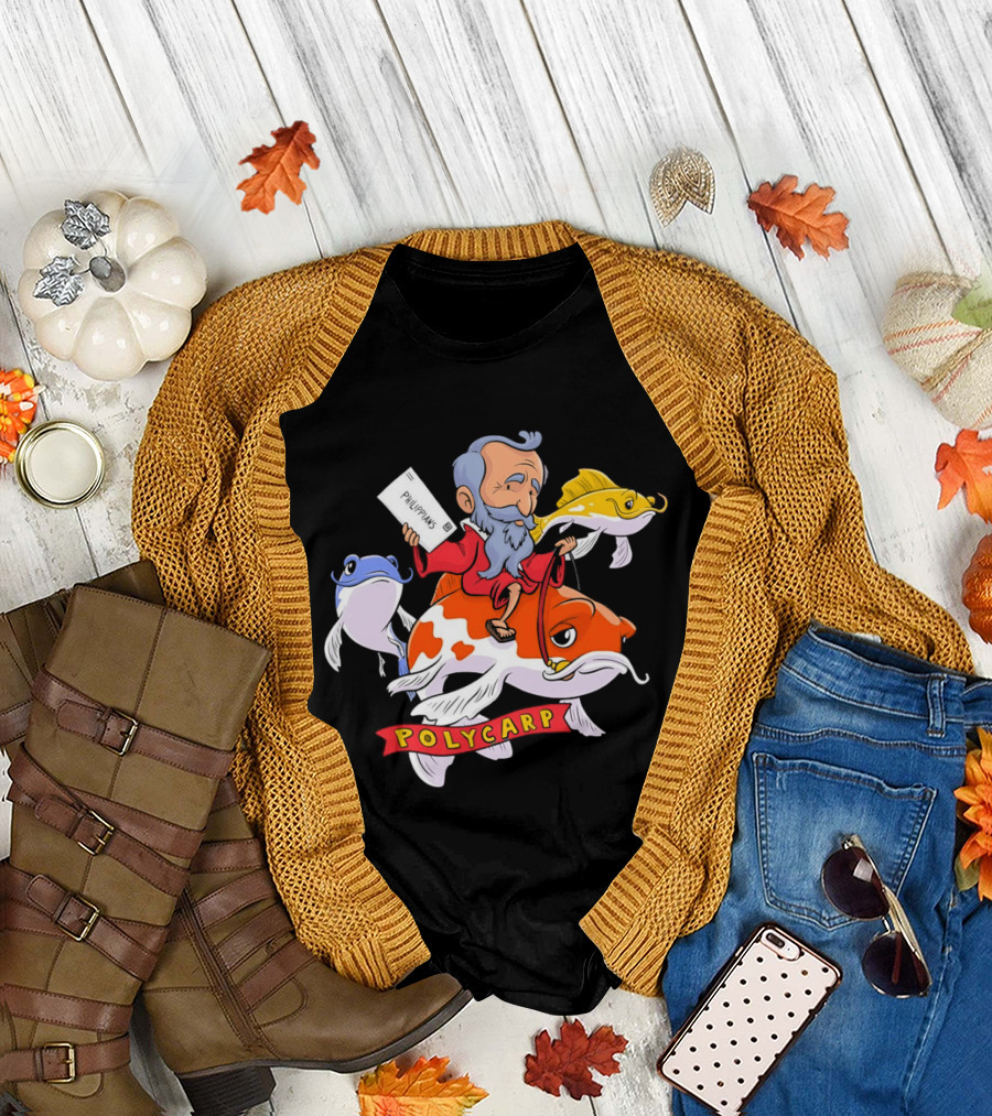 Polycarp Philippians Cartoon Elder Riding Giant Koi Fish with Scroll and Whimsical Sea Creatures T-Shirt