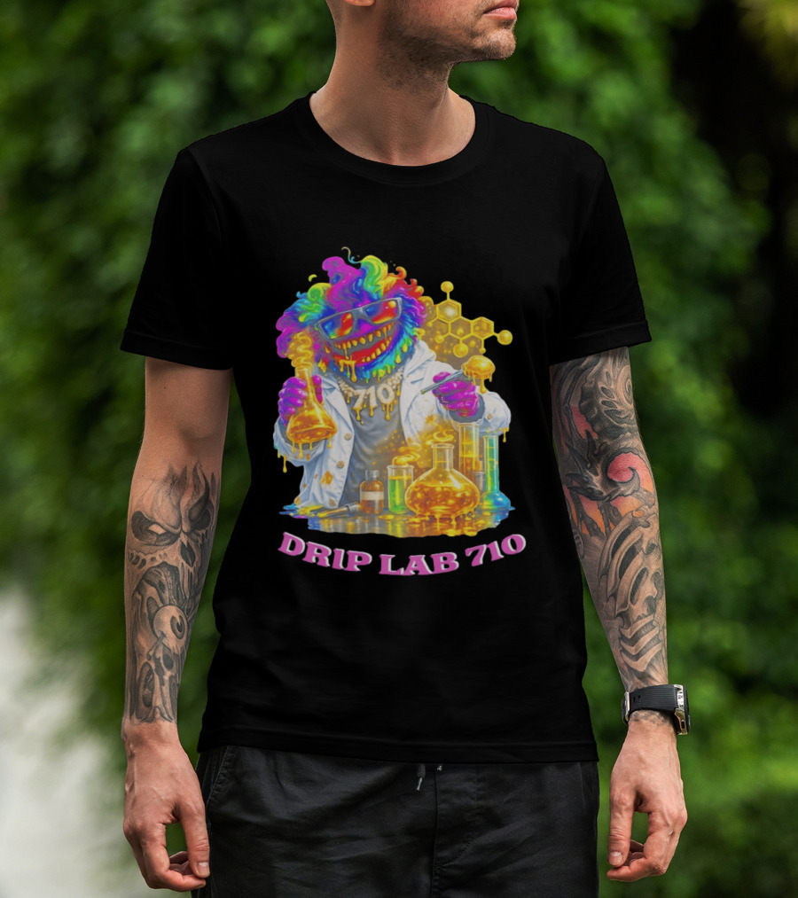 Drip Lab 710 Psychedelic Monster Chemist With Colorful Beakers T-Shirt