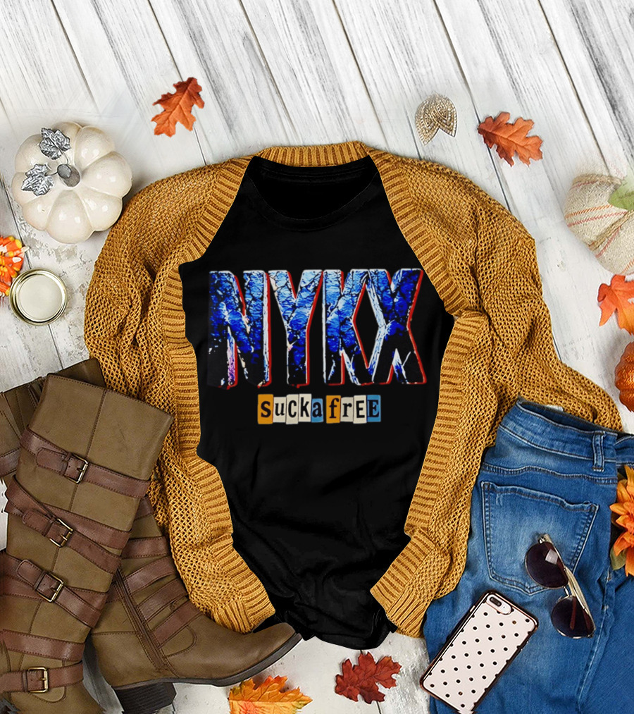 NYKX Sucka Free Bold Blue Text with Colorful Block Letters T-Shirt