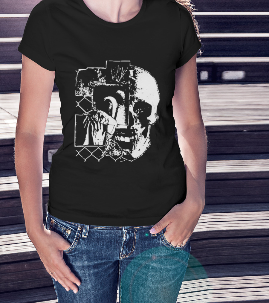 Harms Way Chain Link Skull 2026 Distorted Surreal White Design With Fence T-Shirt