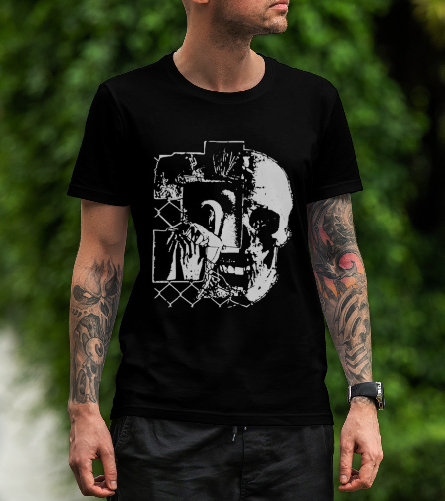 Harms Way Chain Link Skull 2026 Distorted Surreal White Design With Fence T-Shirt