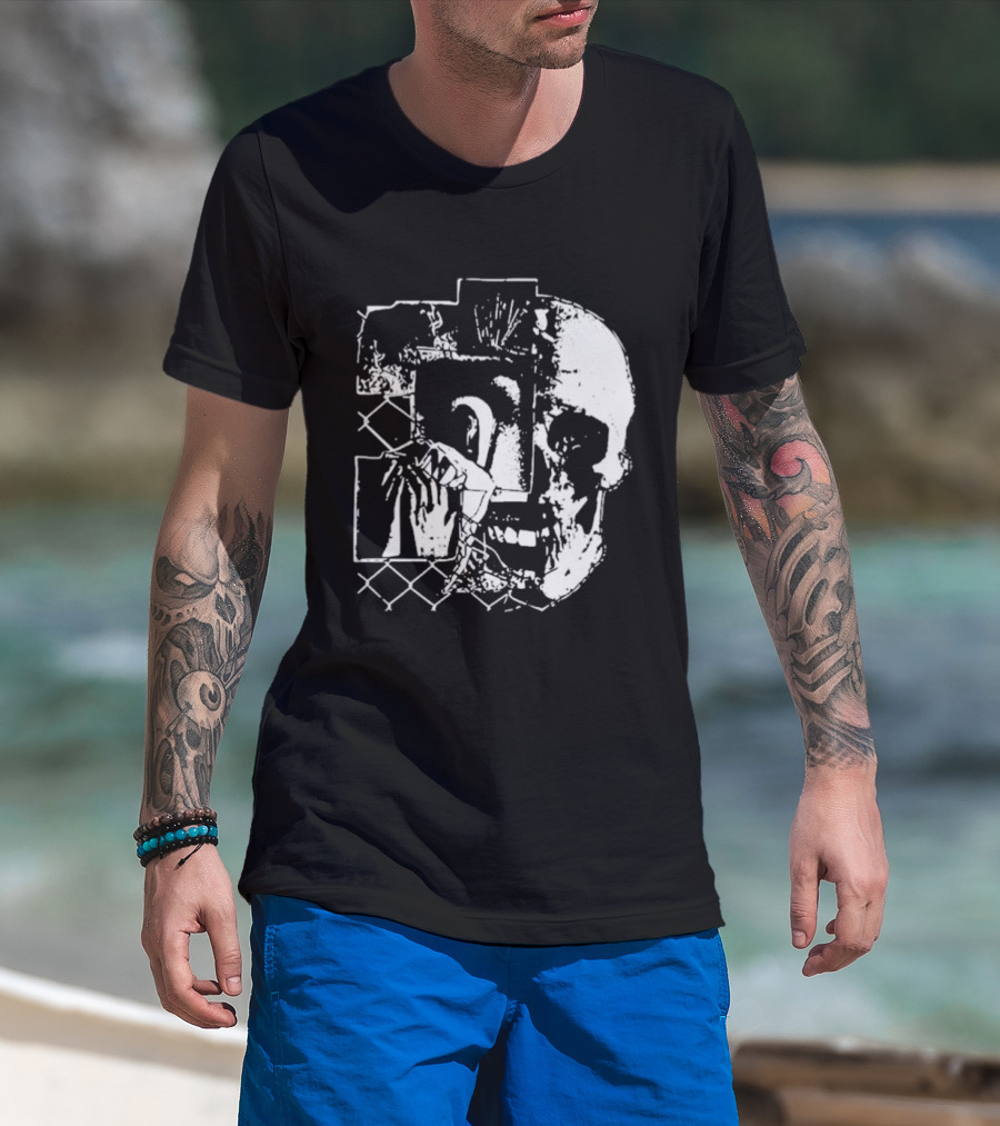 Harms Way Chain Link Skull 2026 Distorted Surreal White Design With Fence T-Shirt