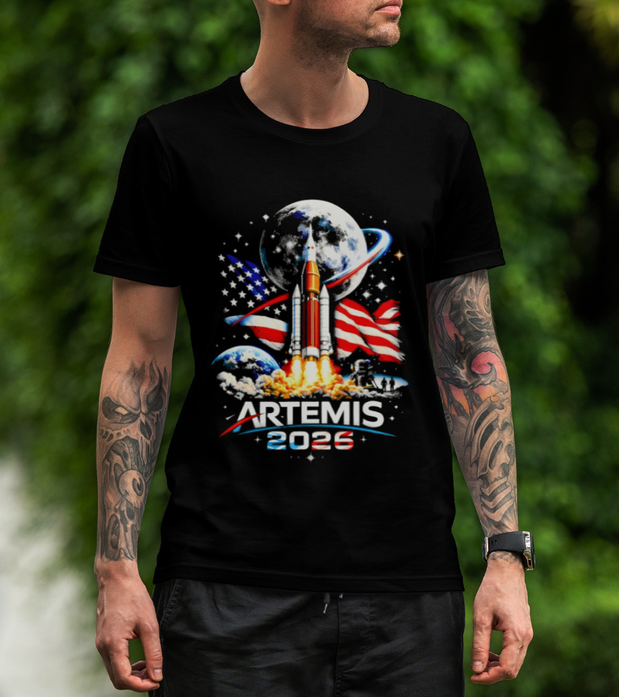 Artemis 2026 Moon Mission American Rocket Launch With Flag And Stars T-Shirt