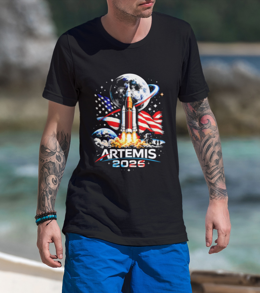 Artemis 2026 Moon Mission American Rocket Launch With Flag And Stars T-Shirt