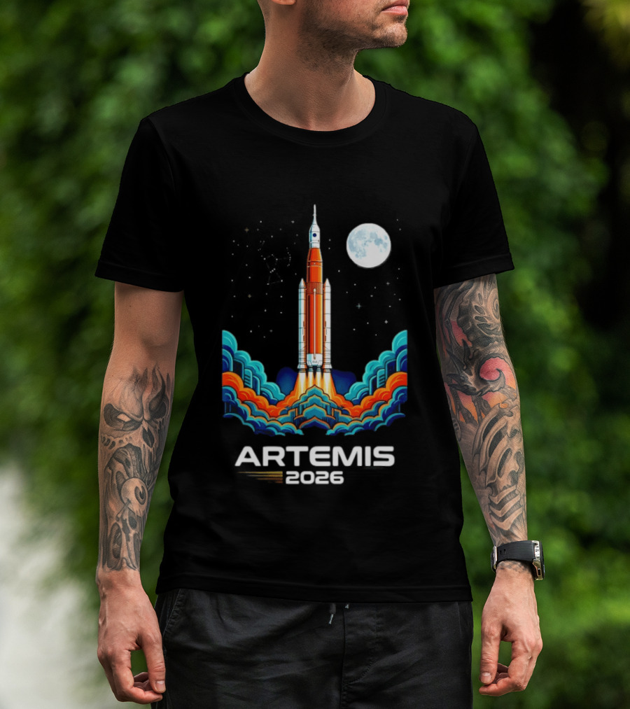 Artemis 2026 Moon Mission Rocket Launch With Vibrant Waves And Full Moon T-Shirt