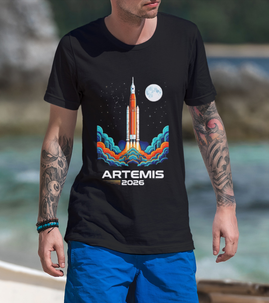 Artemis 2026 Moon Mission Rocket Launch With Vibrant Waves And Full Moon T-Shirt