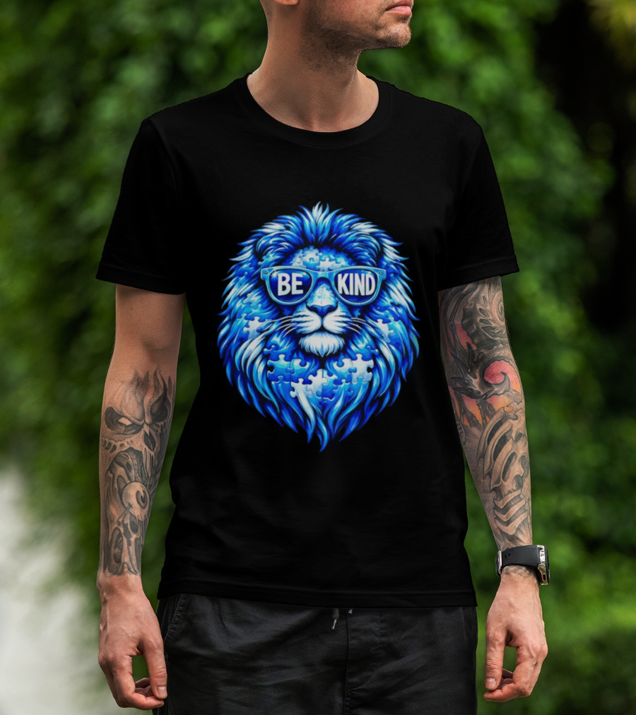 Blue Lion Be Kind Sunglasses Autism Awareness Puzzle T-Shirt