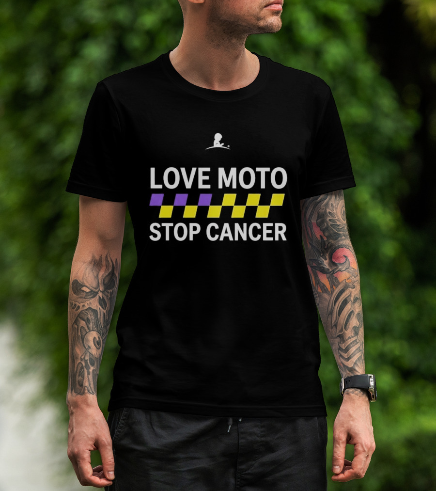 Love Moto Stop Cancer St. Jude Purple Yellow Checkered Racing T-Shirt
