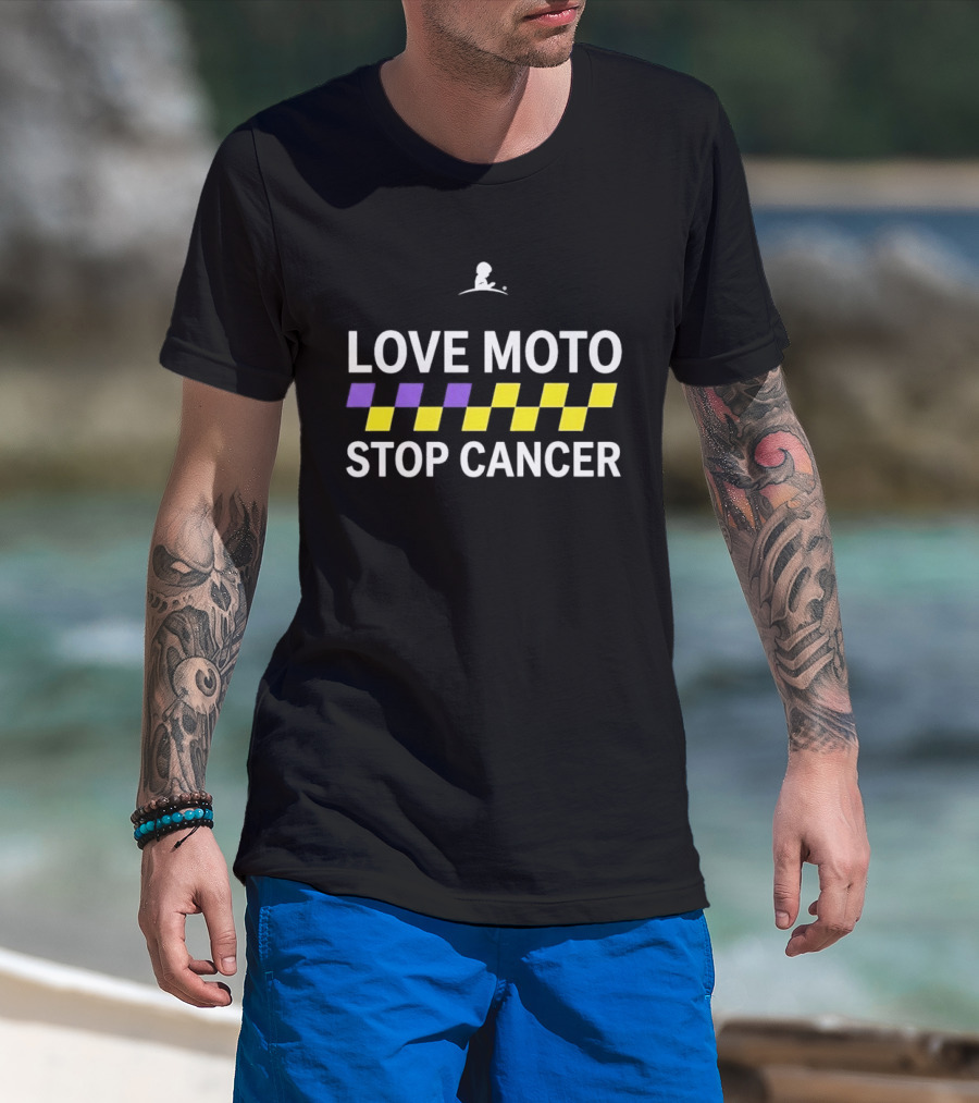 Love Moto Stop Cancer St. Jude Purple Yellow Checkered Racing T-Shirt