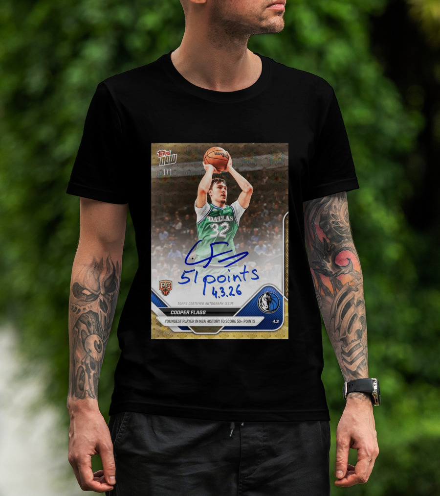 Topps Now Cooper Flagg 51 Points Youngest NBA History Dallas Mavericks Rookie Card T-Shirt