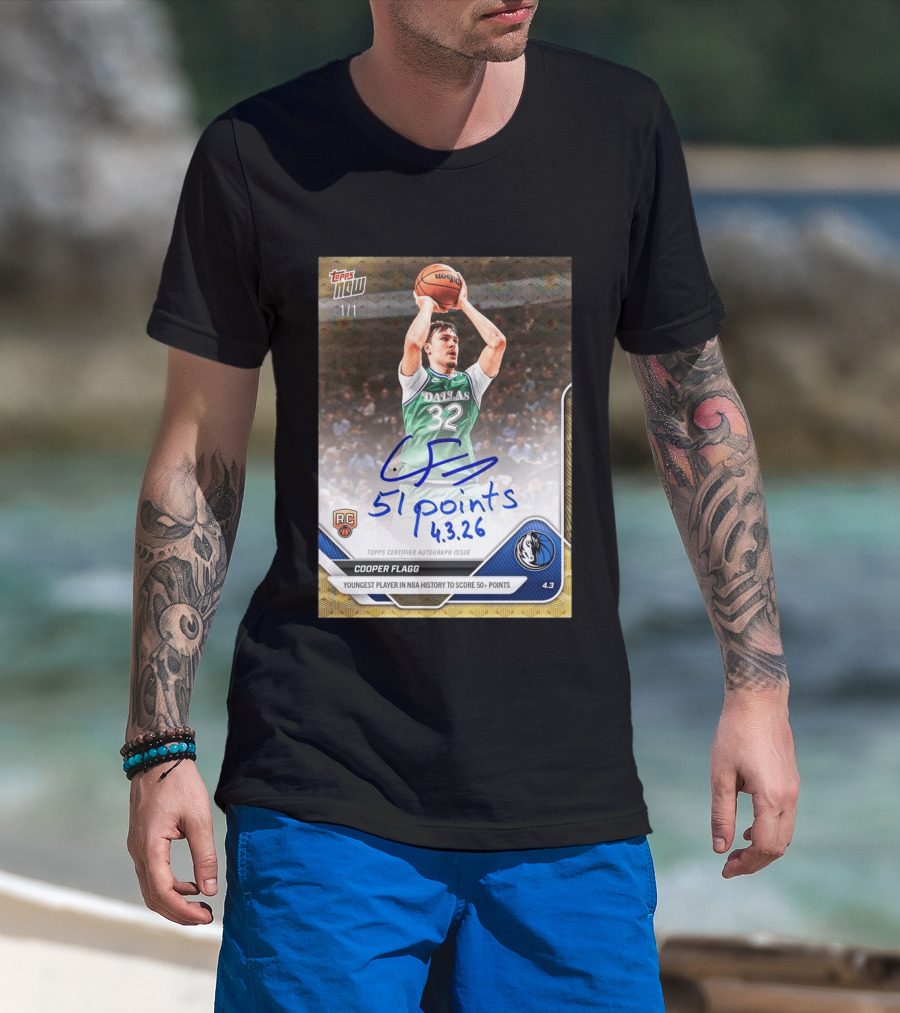 Topps Now Cooper Flagg 51 Points Youngest NBA History Dallas Mavericks Rookie Card T-Shirt