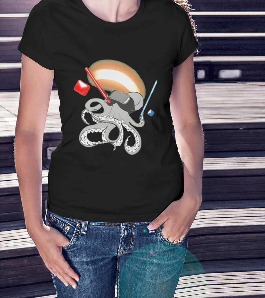VR Headset Octopus With Red Blue Lightsabers T-Shirt