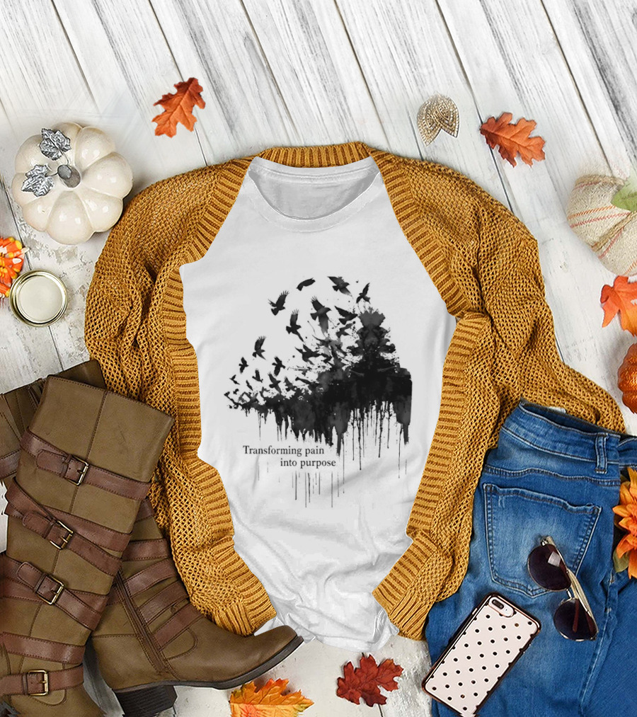 Transforming Pain into Purpose Motivational Tree Art with Birds in Flight Symbolizing Growth and Healing T-Shirt