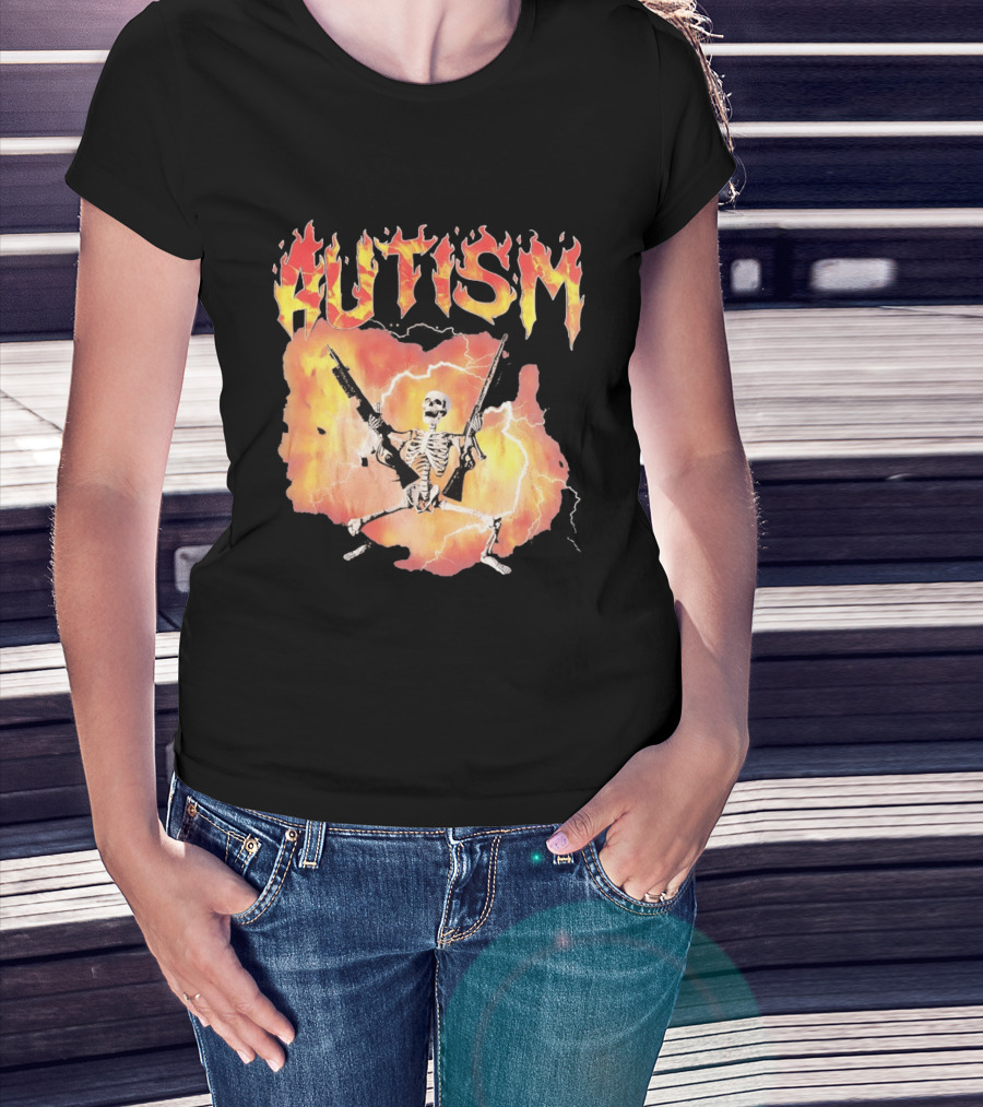 Autism Flaming Skeleton Meme Guns Edgy Fire T-Shirt