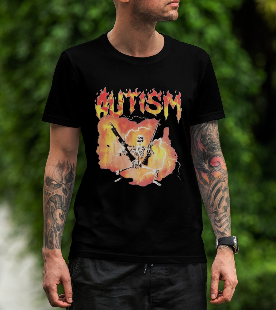 Autism Flaming Skeleton Meme Guns Edgy Fire T-Shirt