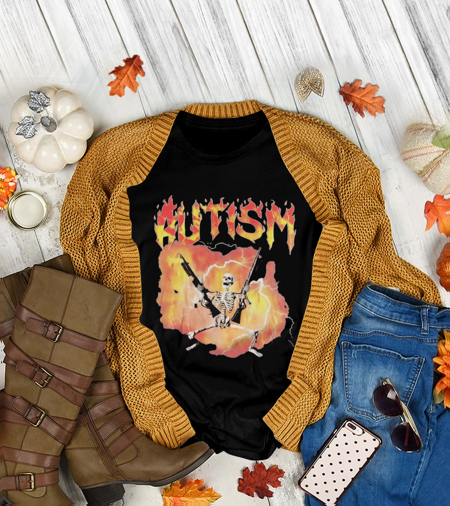 Autism Flaming Skeleton Meme Guns Edgy Fire T-Shirt