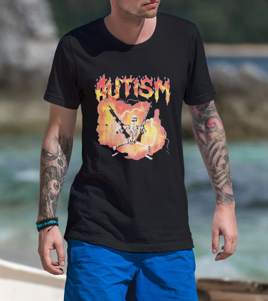 Autism Flaming Skeleton Meme Guns Edgy Fire T-Shirt