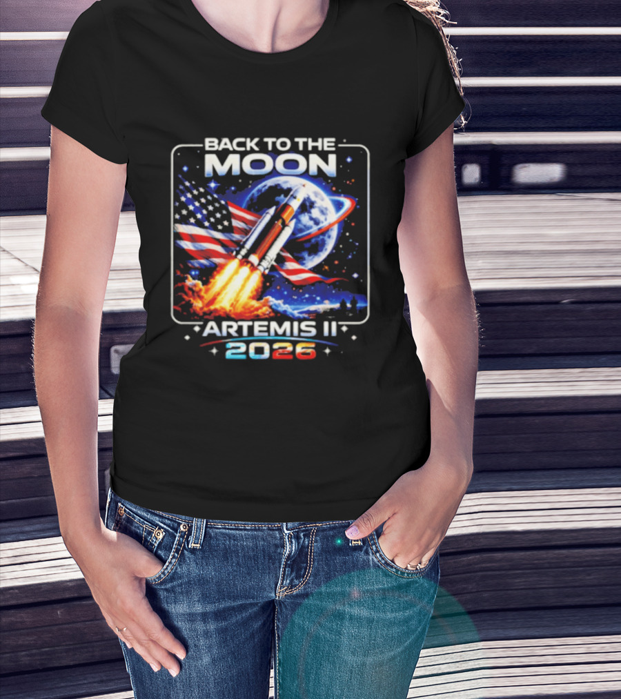 Back To The Moon Artemis II 2026 Rocket Launch Space Mission USA Flag T-Shirt