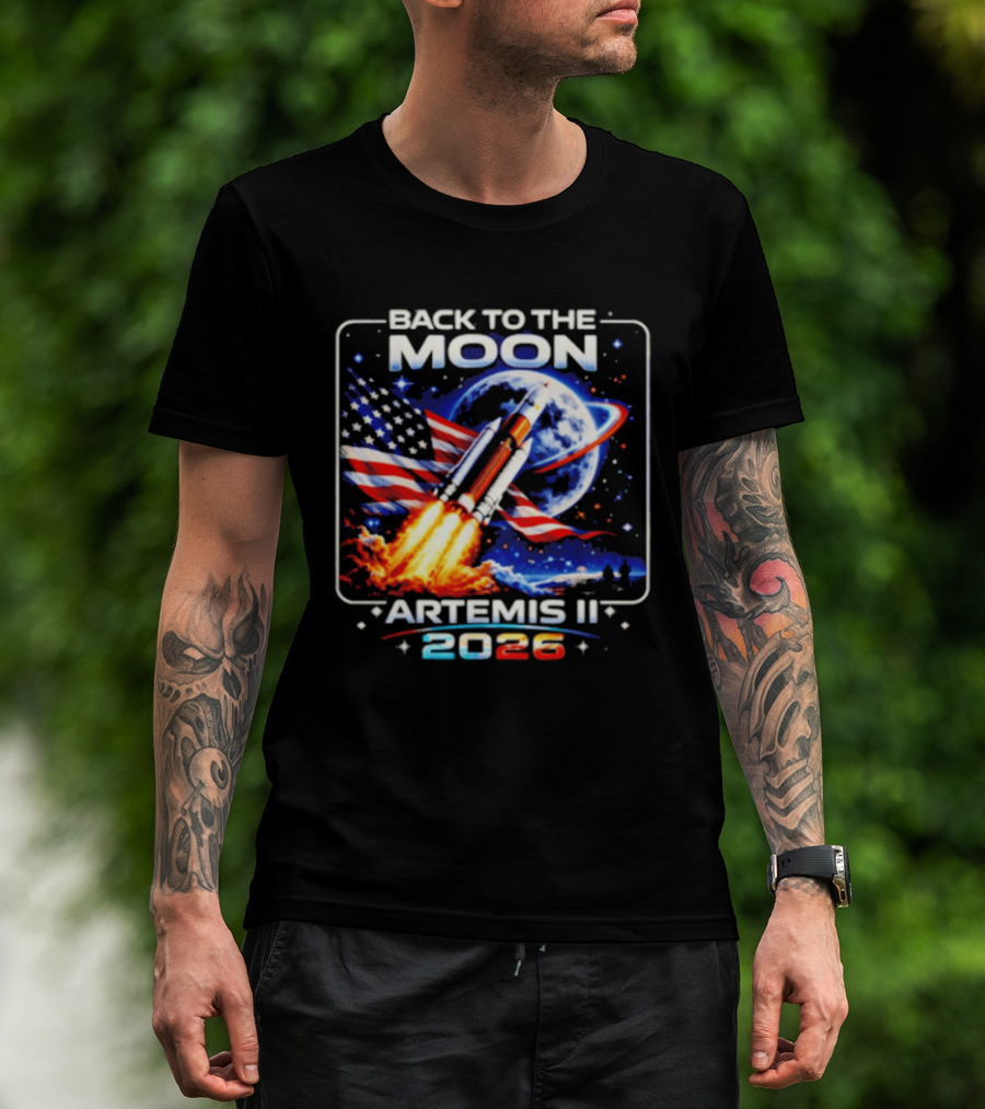 Back To The Moon Artemis II 2026 Rocket Launch Space Mission USA Flag T-Shirt